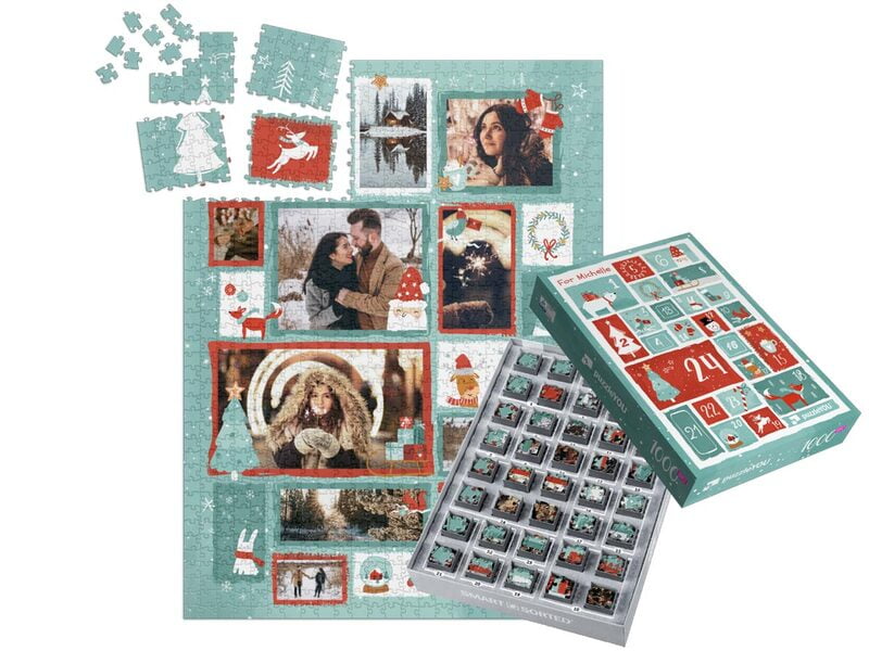 1000 stukjes puzzel voor 24 dagen - collage designs in kerstsfeer incl. gepersonaliseerde puzzeldoos