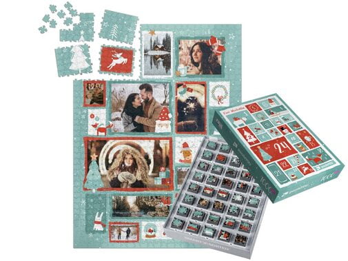 1000 stukjes puzzel voor 24 dagen - collage designs in kerstsfeer incl. gepersonaliseerde puzzeldoos