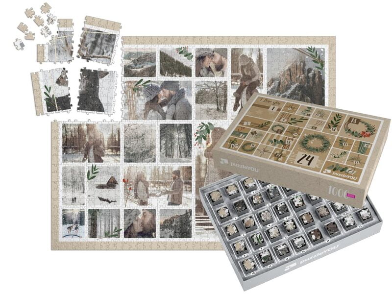 Fotopuzzel Collage met 24 foto's en puzzeldoos met kerstdesign